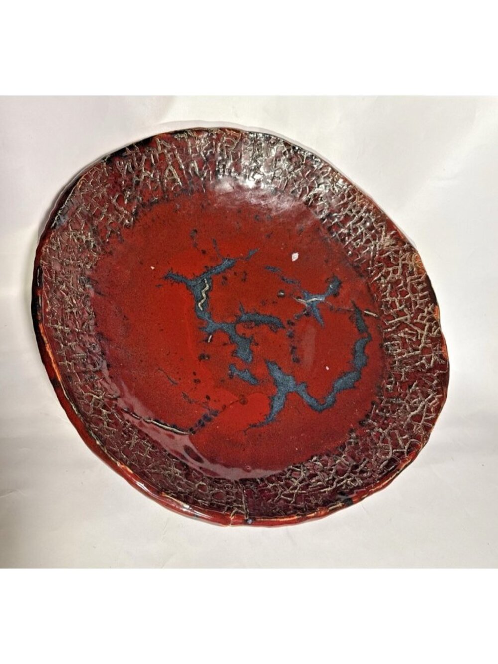 Large signed studio art pottery charger Lava Glaze